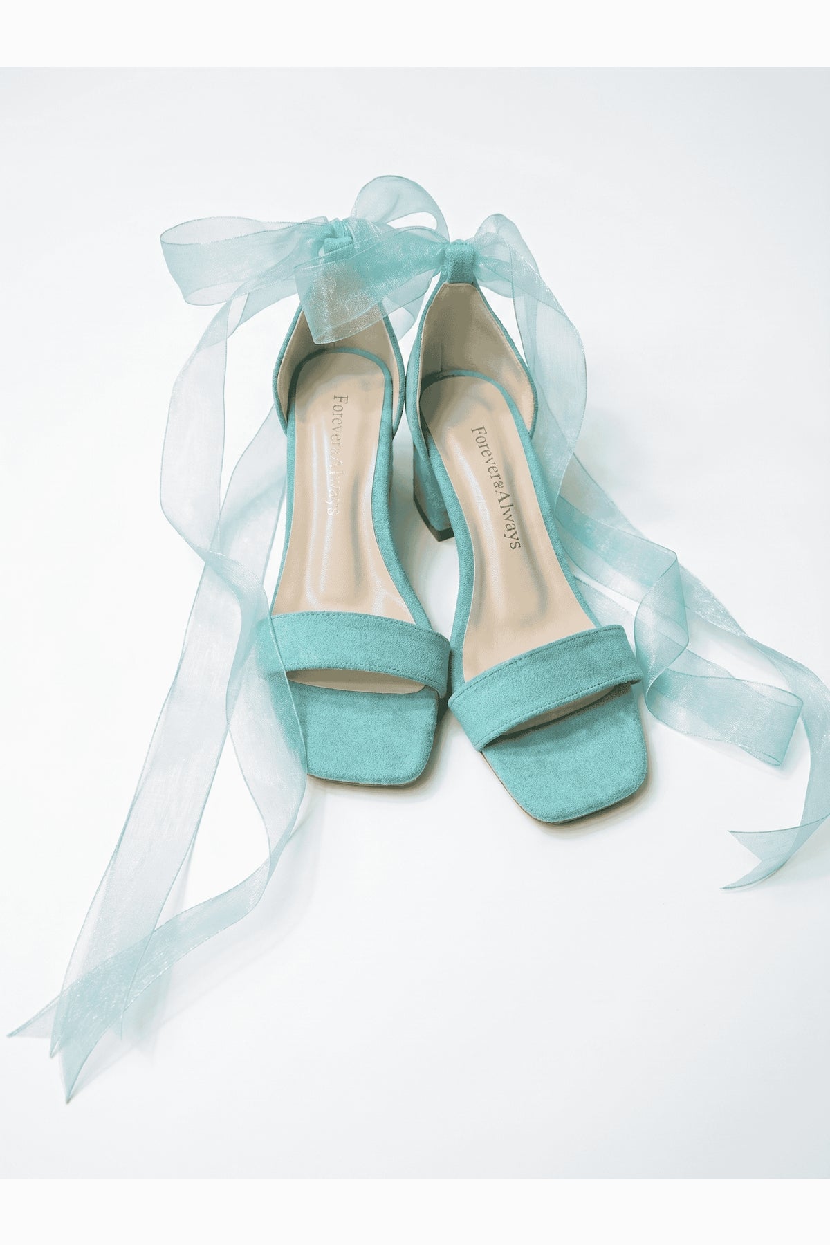 Rova Aqua Blue Suede Organza Ribbon Ankle Strap Block Heel Sandal