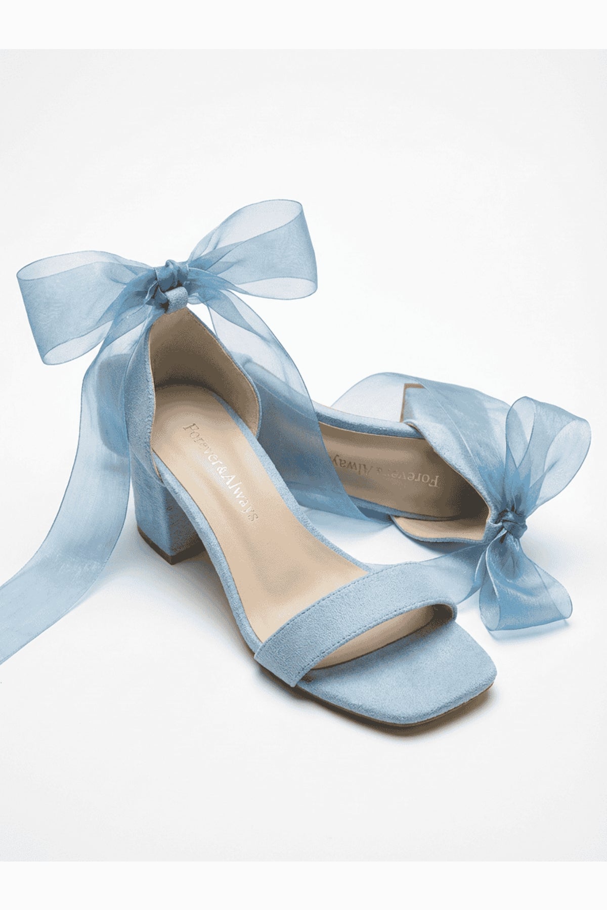 Rova Blue Suede Organza Ribbon Ankle Strap Block Heel Sandal