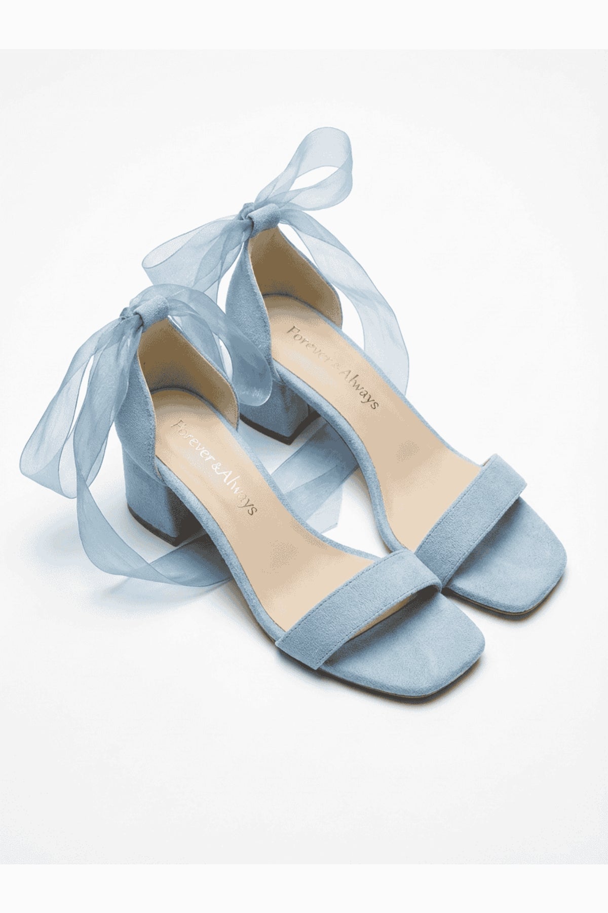 Rova Blue Suede Organza Ribbon Ankle Strap Block Heel Sandal