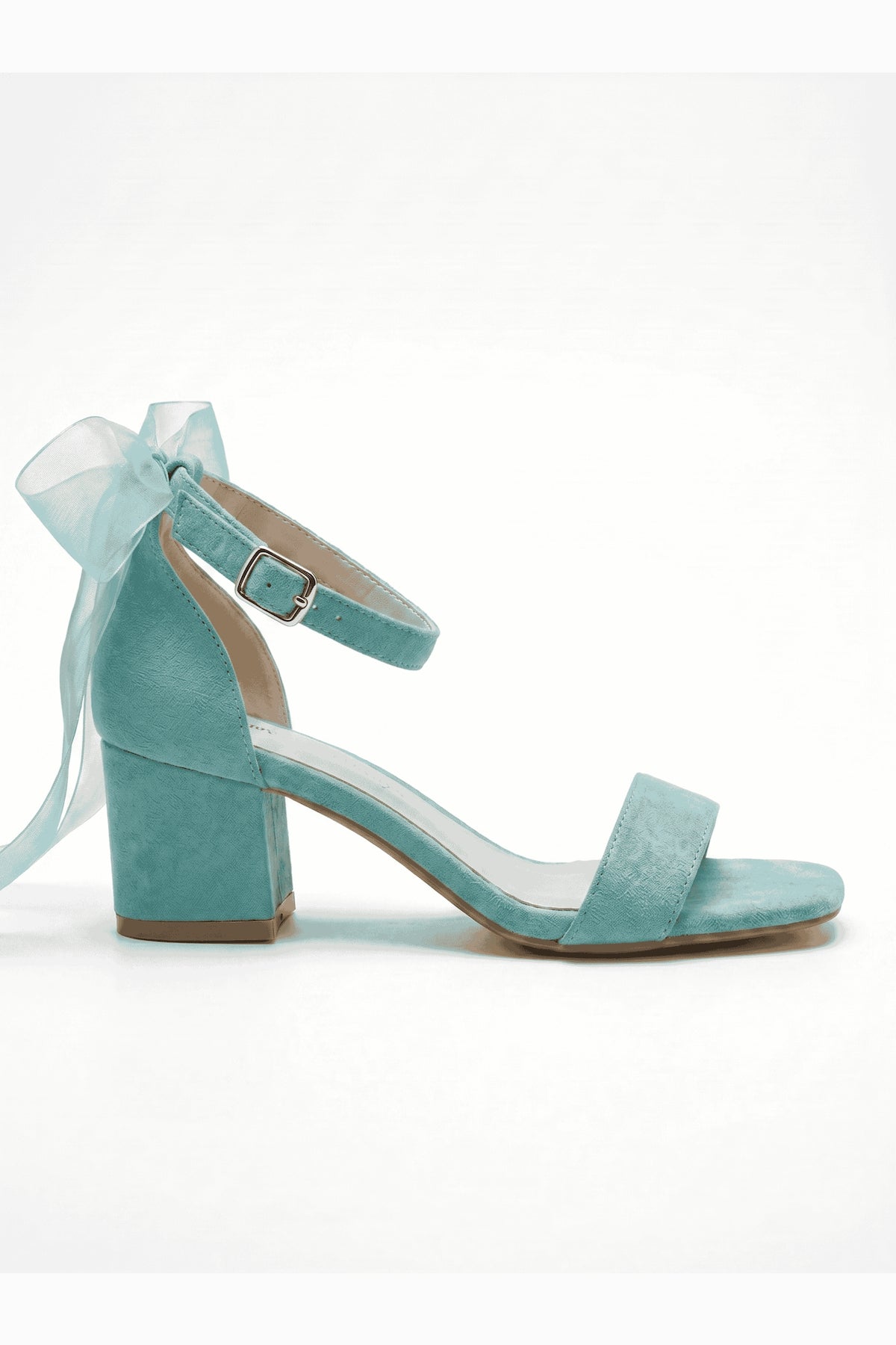 Rochelle Aqua Suede Organza Tulle Ribbon Ankle Strap Block Heel Sandal