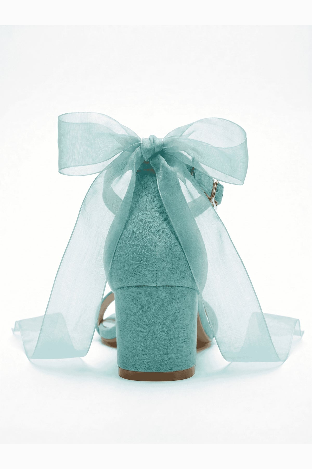 Rochelle Aqua Suede Organza Tulle Ribbon Ankle Strap Block Heel Sandal