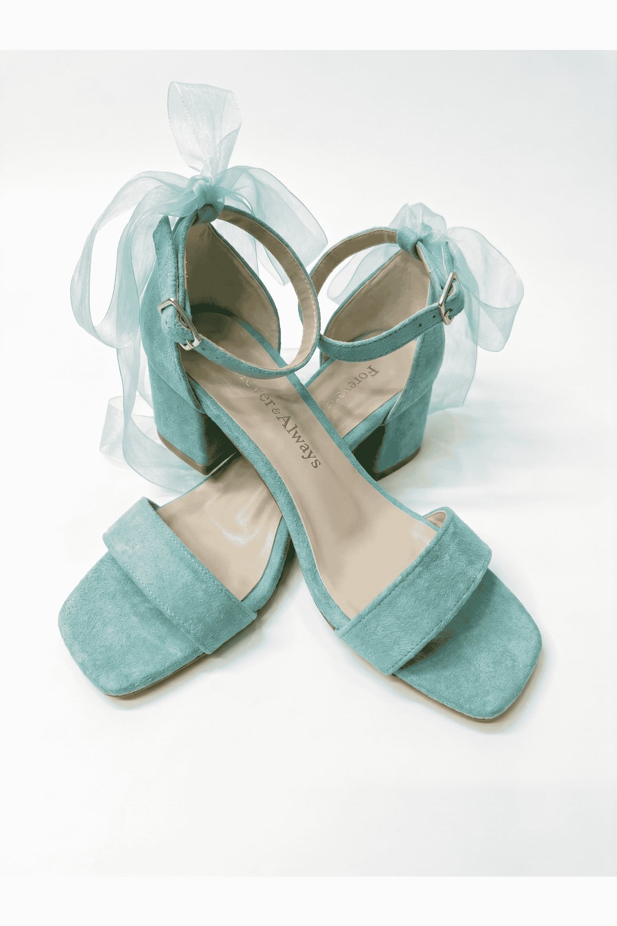 Rochelle Aqua Suede Organza Tulle Ribbon Ankle Strap Block Heel Sandal