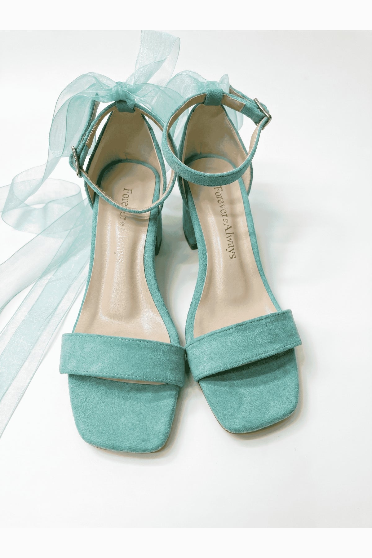 Rochelle Aqua Suede Organza Tulle Ribbon Ankle Strap Block Heel Sandal