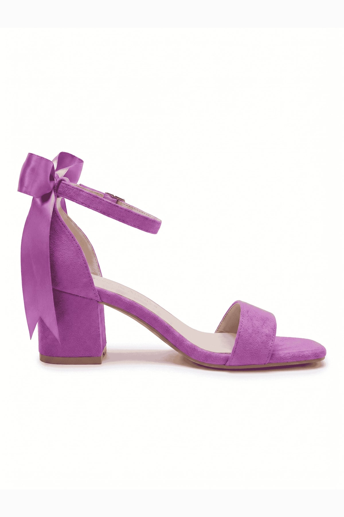 Rochelle Fuchsia Suede Satin Ribbon Ankle Strap Block Heel Sandal