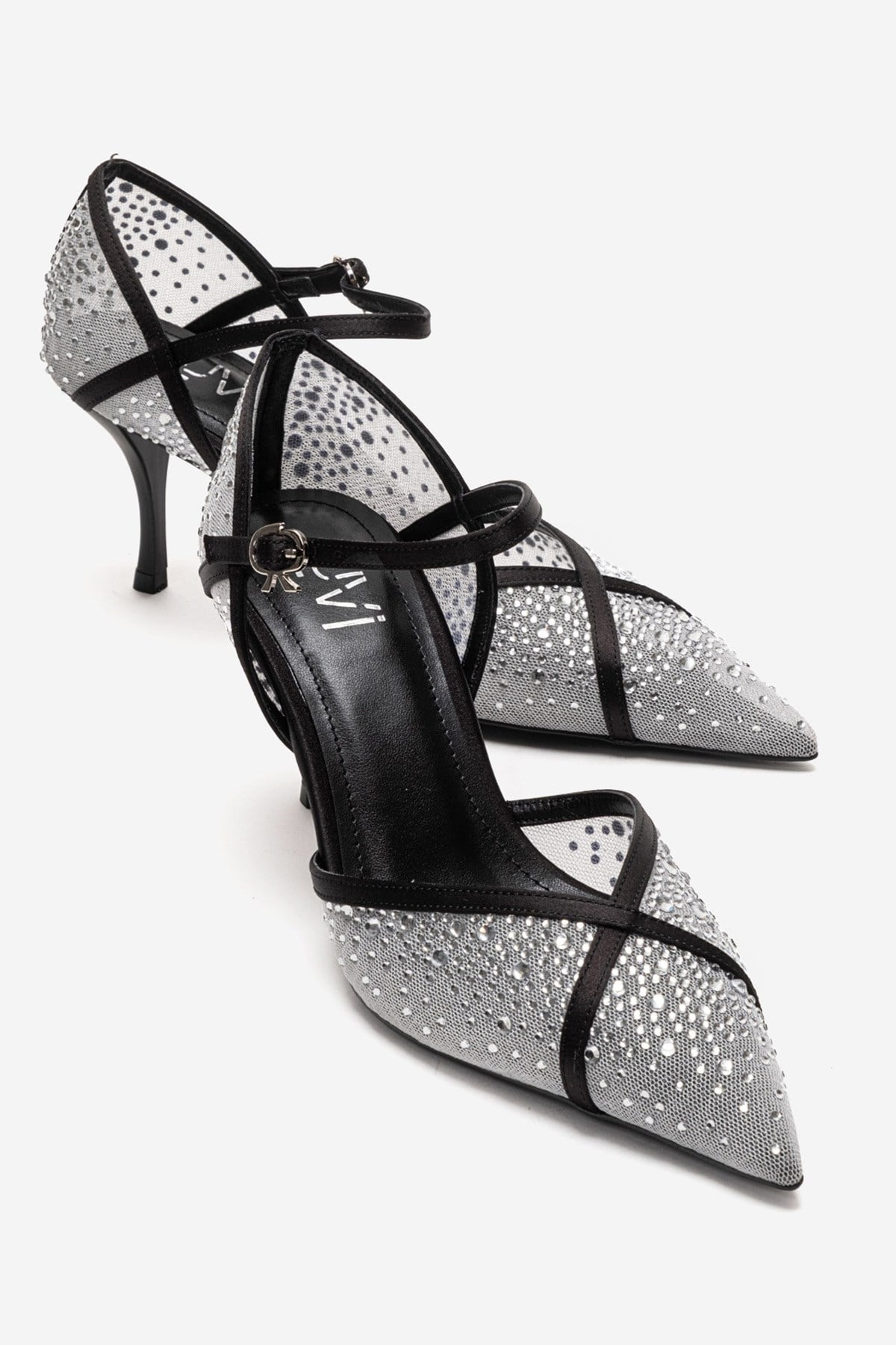 RACHEL - White And Black Genuine Leather Mesh And Satin Stone-Embellished Stiletto Pump (Women)