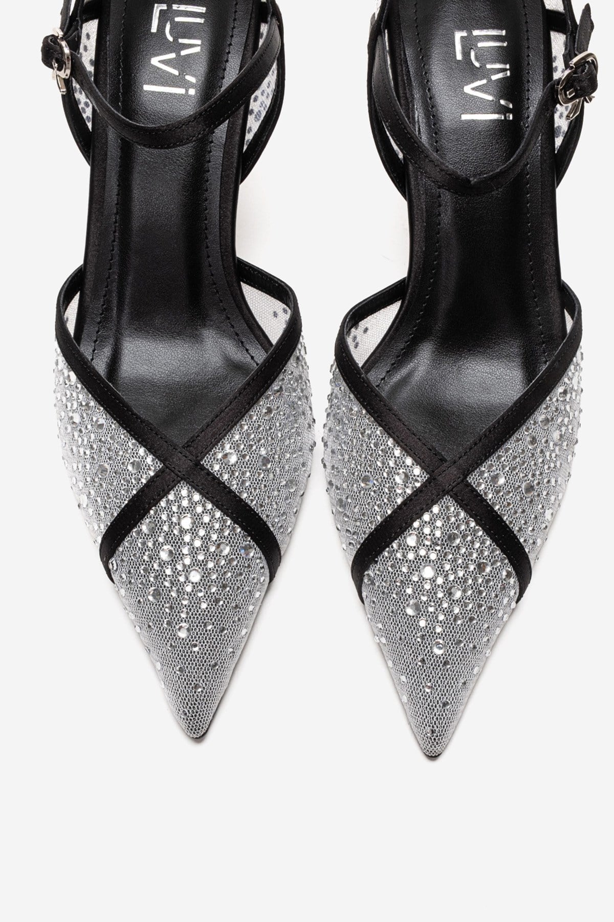 RACHEL - White And Black Genuine Leather Mesh And Satin Stone-Embellished Stiletto Pump (Women)