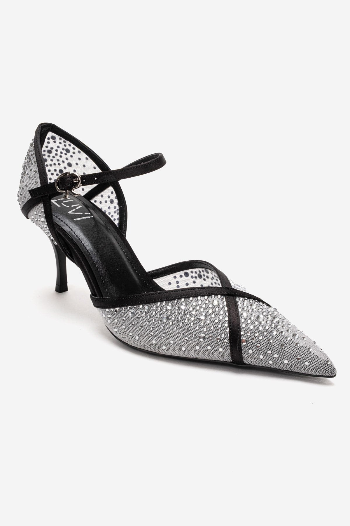 RACHEL - White And Black Genuine Leather Mesh And Satin Stone-Embellished Stiletto Pump (Women)