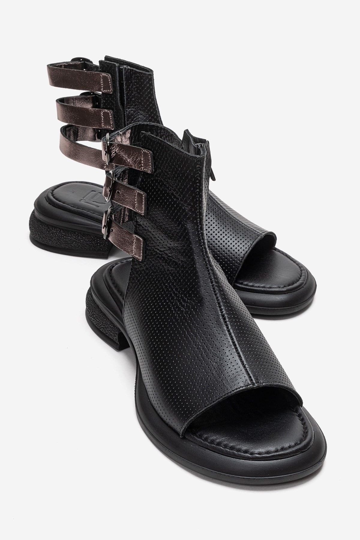 Carina - Black Genuine Leather Side-Zip Sandal (Women)