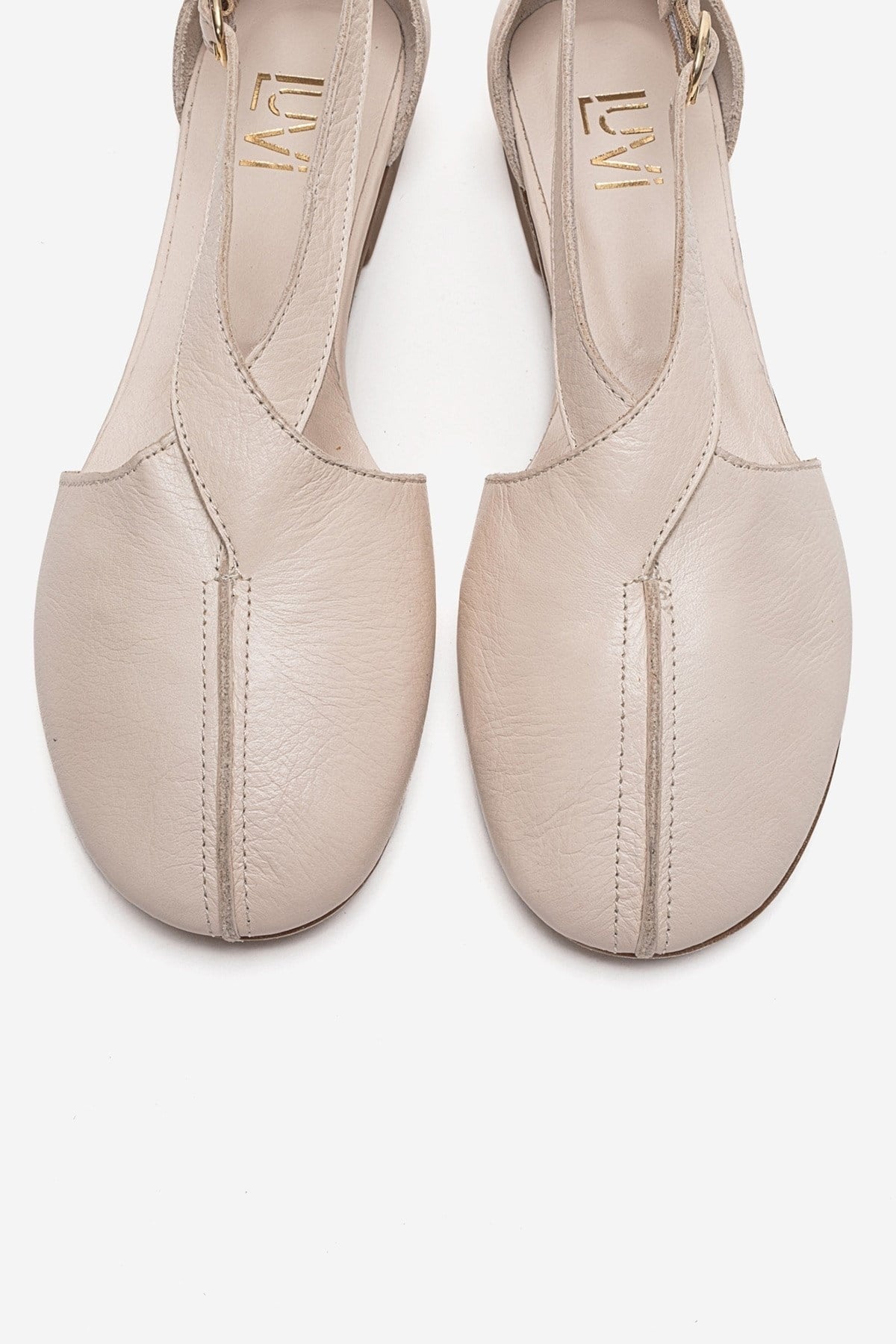 FABLE - Beige Genuine Leather Side-Open Ankle-Strap Ballet Flat (Women)