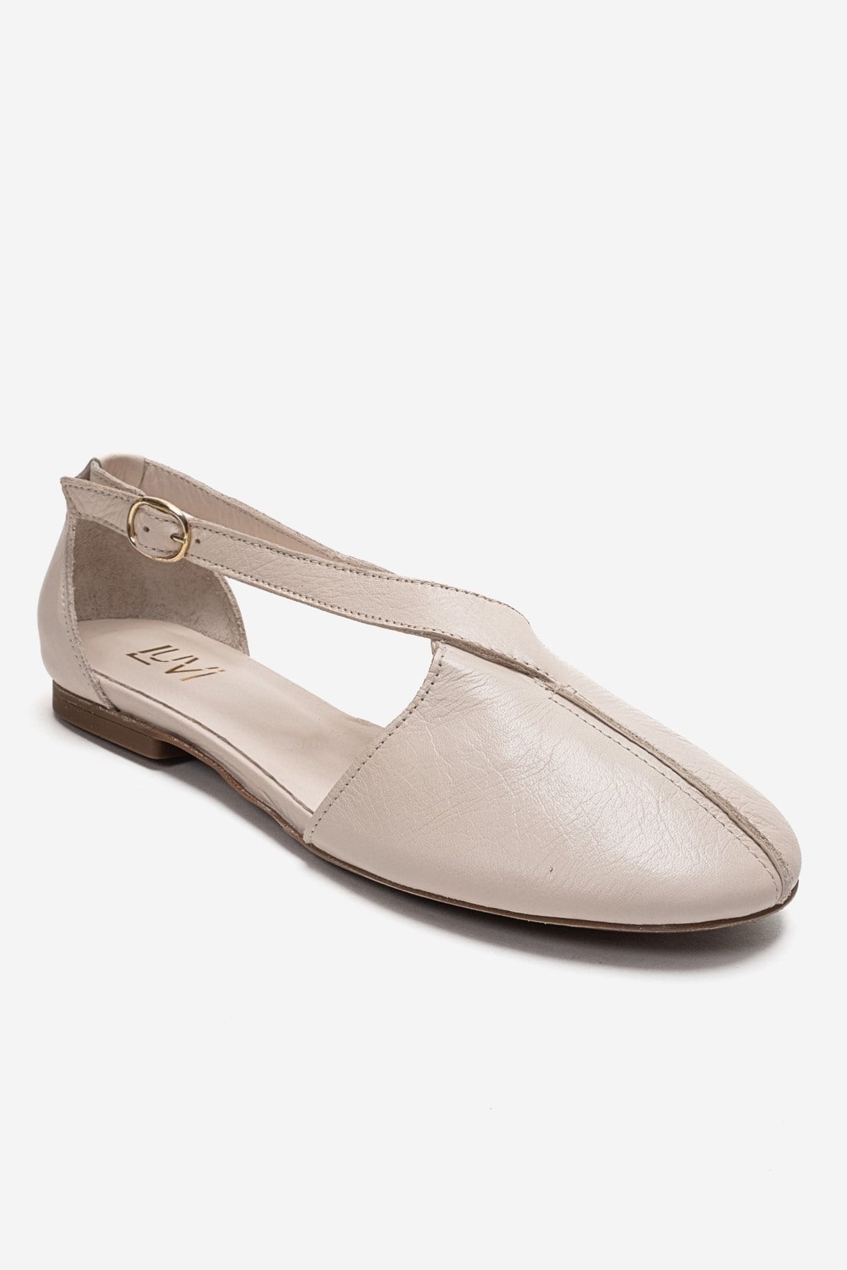 FABLE - Beige Genuine Leather Side-Open Ankle-Strap Ballet Flat (Women)