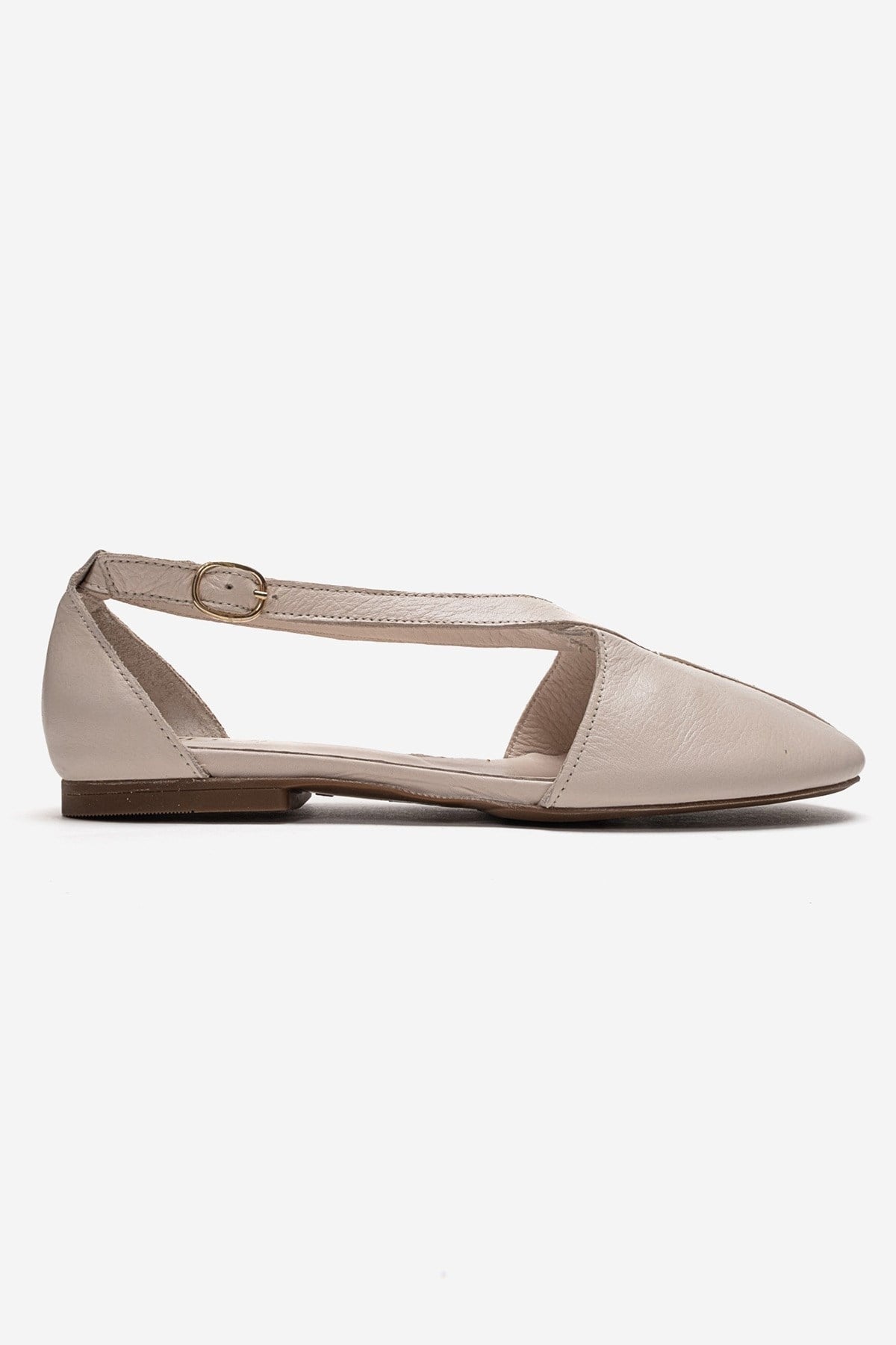 FABLE - Beige Genuine Leather Side-Open Ankle-Strap Ballet Flat (Women)