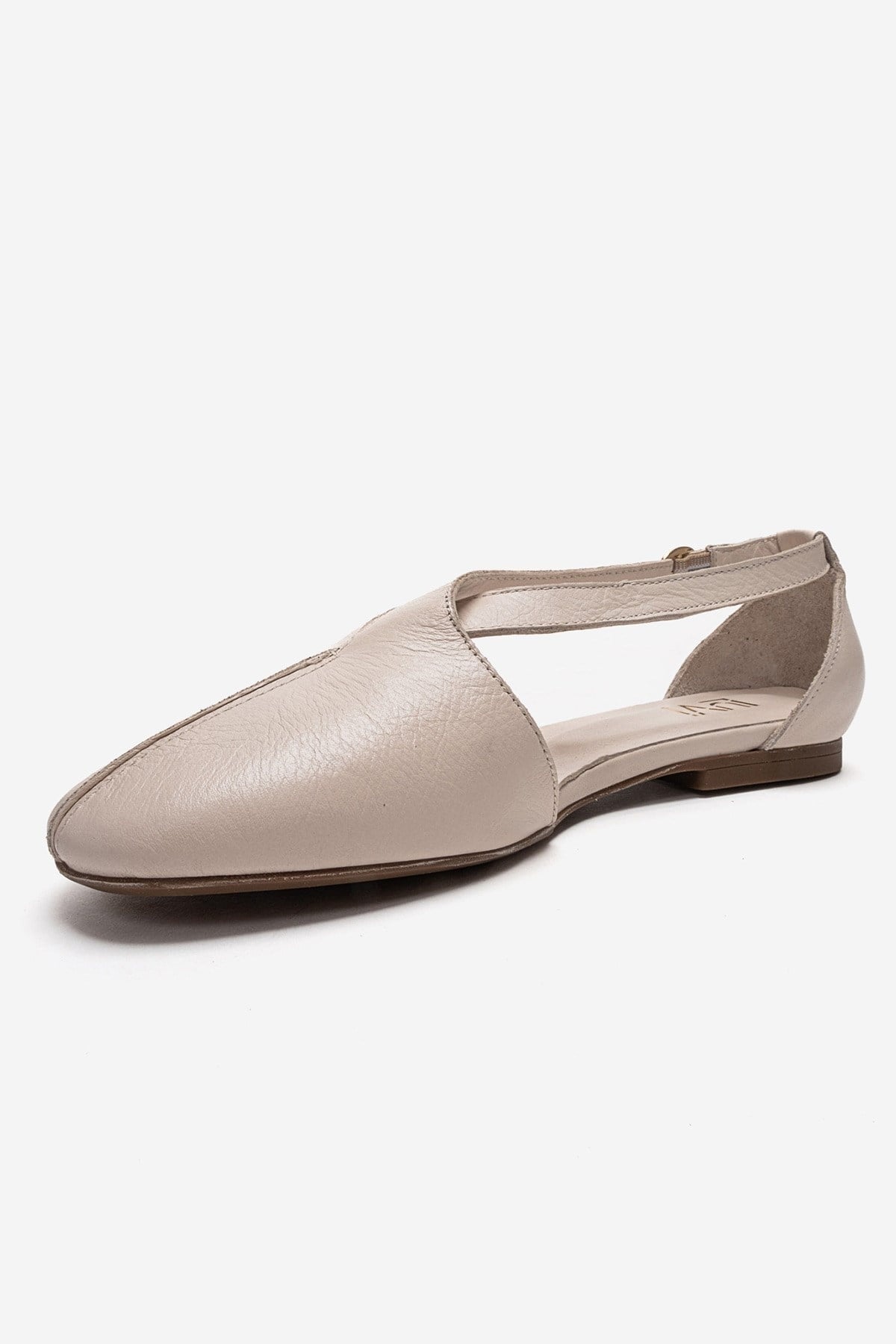 FABLE - Beige Genuine Leather Side-Open Ankle-Strap Ballet Flat (Women)