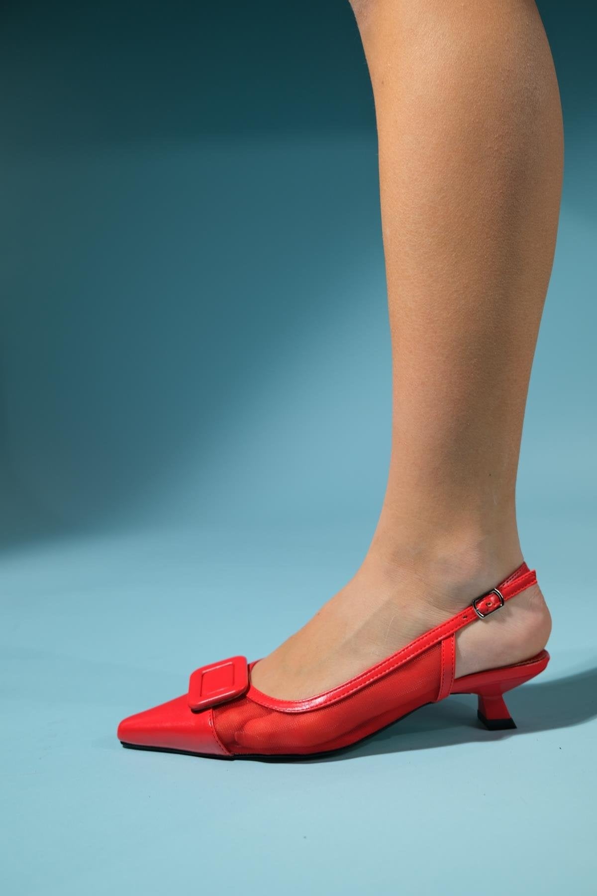 Amora - Red Buckled Low-Heeled Shoe (Women)