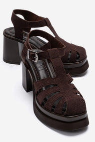 ROVENA - Brown Suede Platform Block Heel Sandal (Women)