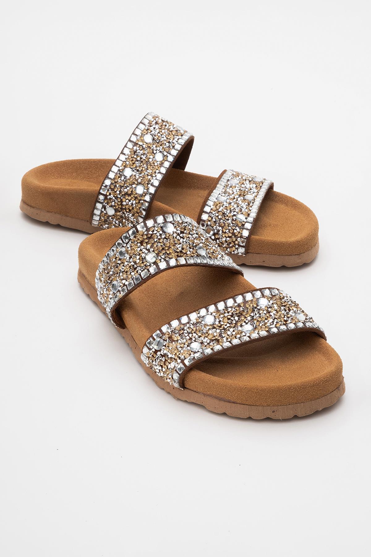 Jamie - Cognac Brown Leather Double Strap Slide Sandal with Stones (Women)