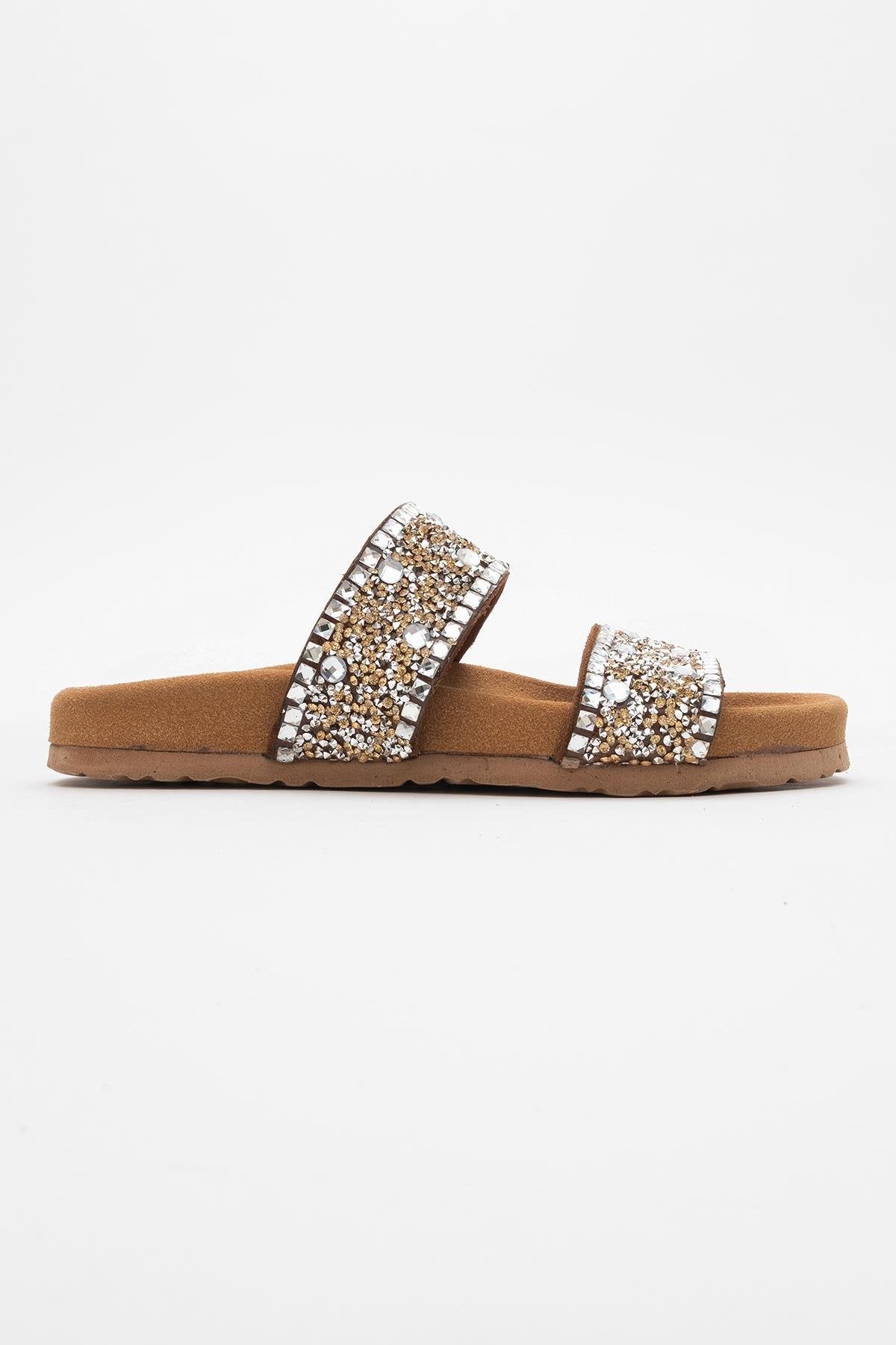 Jamie - Cognac Brown Leather Double Strap Slide Sandal with Stones (Women)