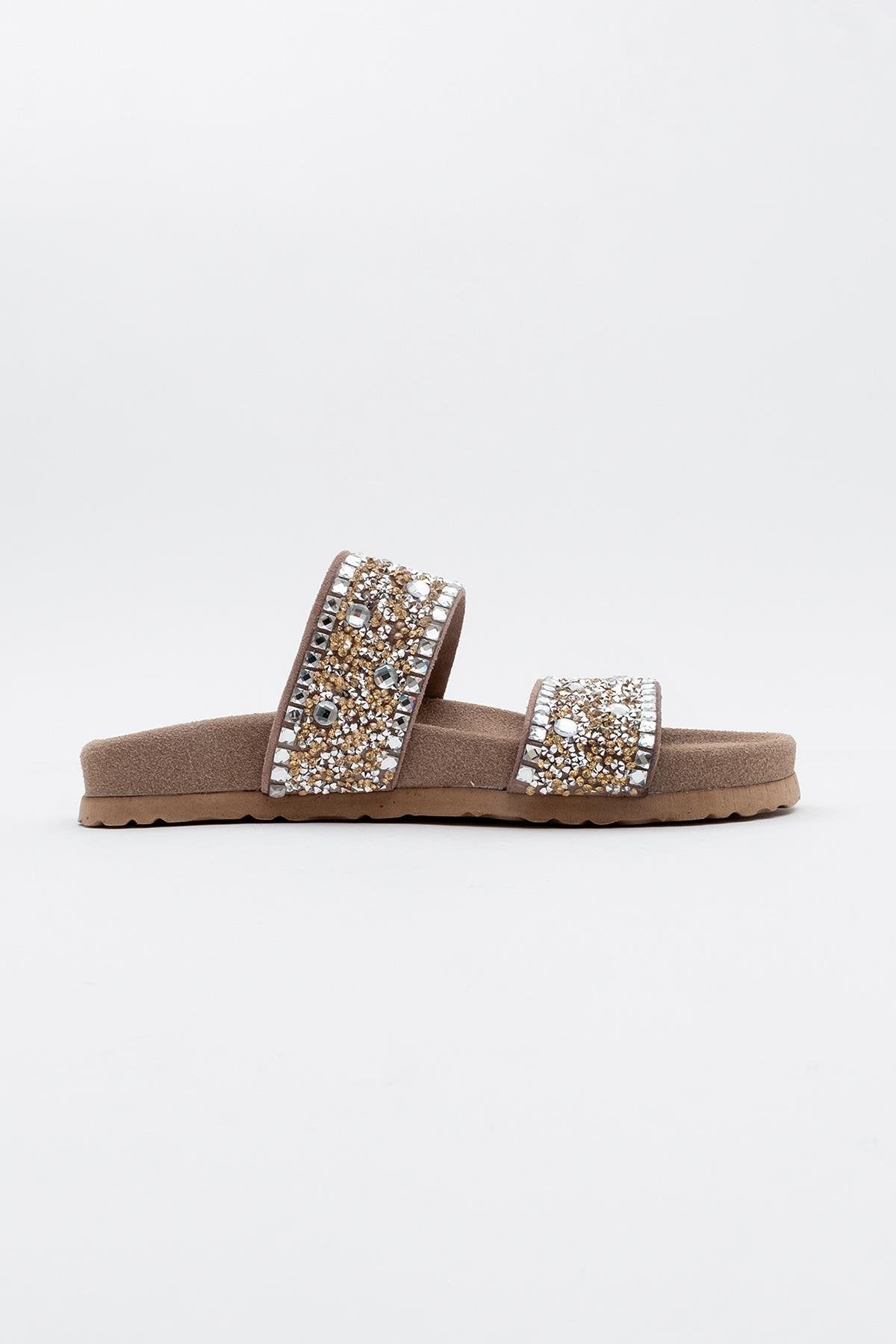 Jamie - beige Leather Double Strap Slide Sandal with Stones (Women)