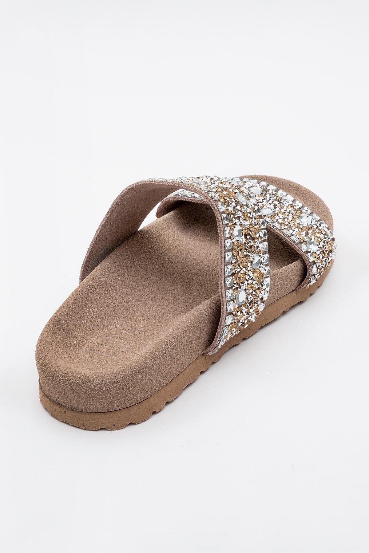 Jamie - beige Leather Double Strap Slide Sandal with Stones (Women)