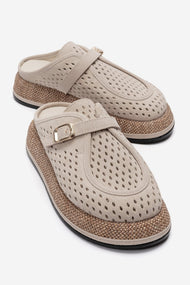 Vone - Beige Suede Genuine Leather Buckled Closed-Toe Slide (Women)