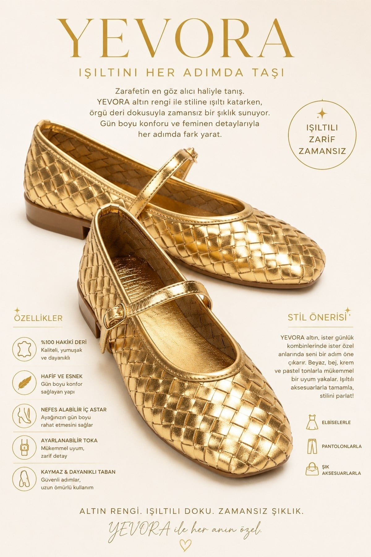 YEVORA - Gold Genuine Leather Ballet Flat Mary Jane (Women)
