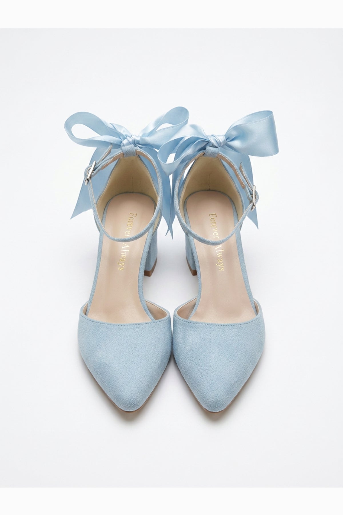 Arielle Baby Blue Suede Bow Ankle Strap Block Heel Sandal