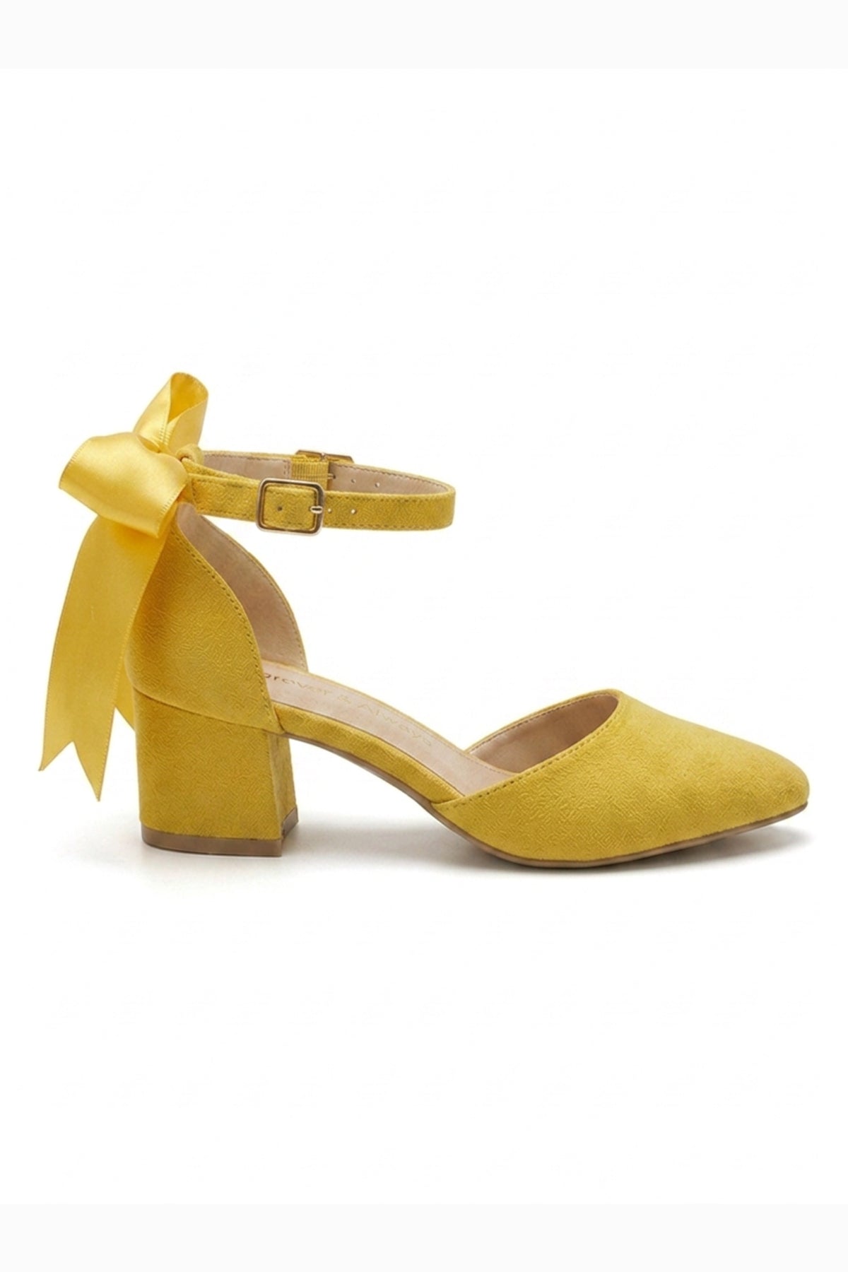 Arielle Yellow Suede Bow Ankle Strap Block Heel Sandal
