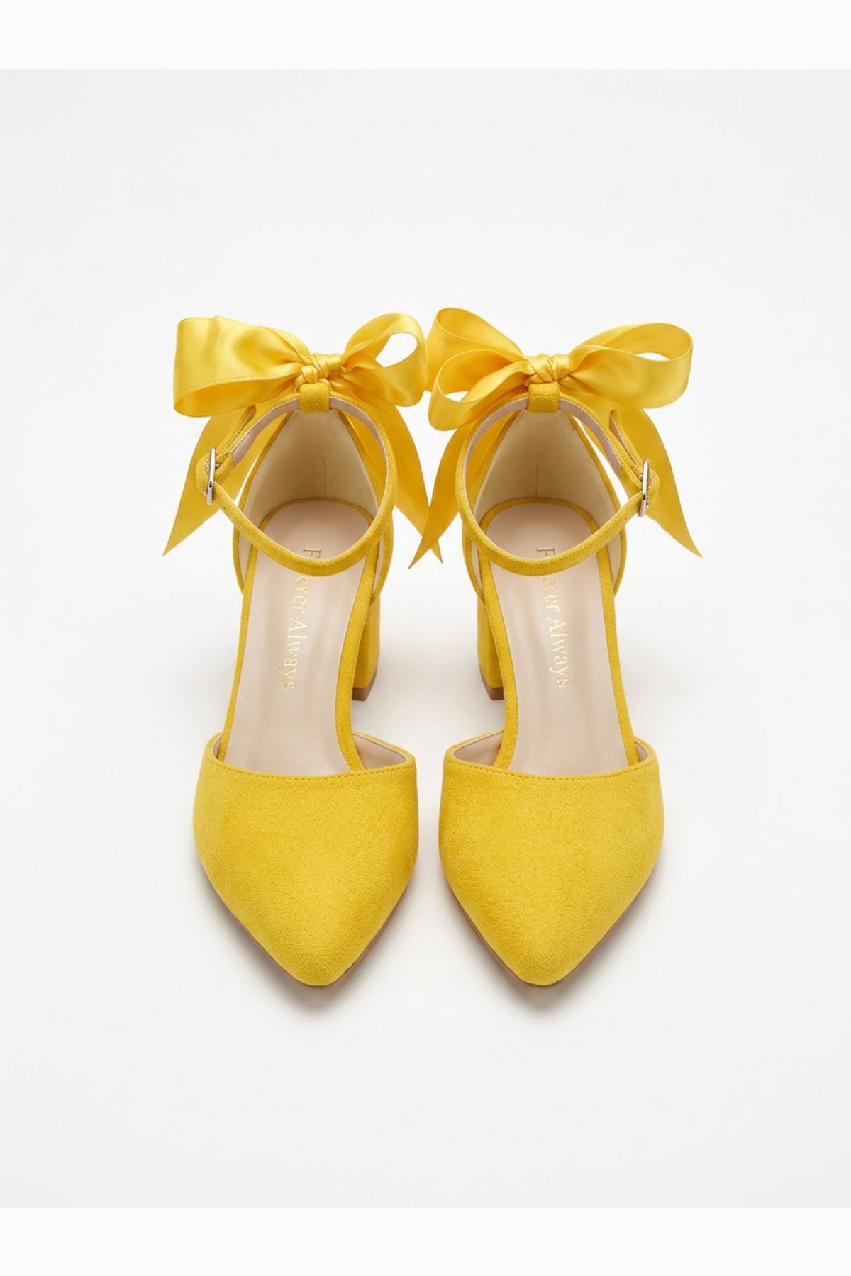 Arielle Yellow Suede Bow Ankle Strap Block Heel Sandal