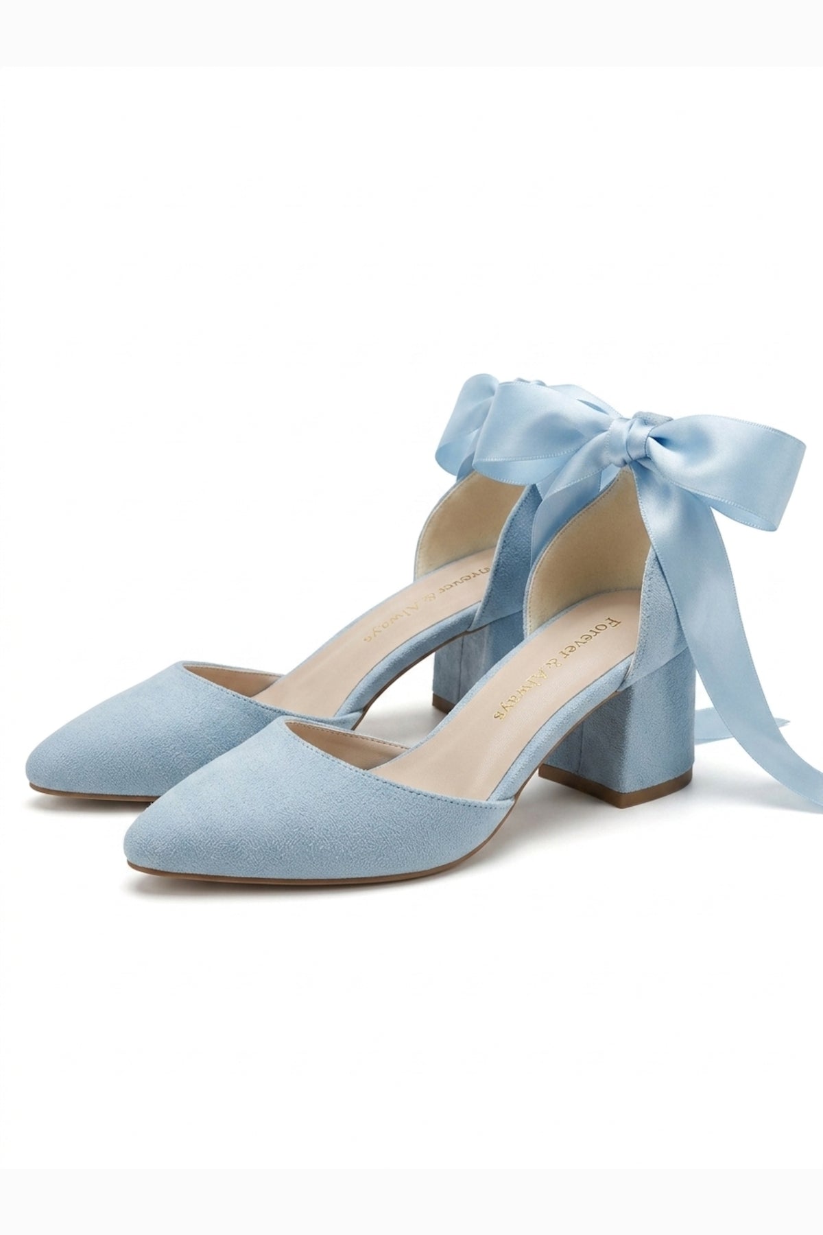 Fiona - Baby Blue Suede Heels With Satin Ribbon