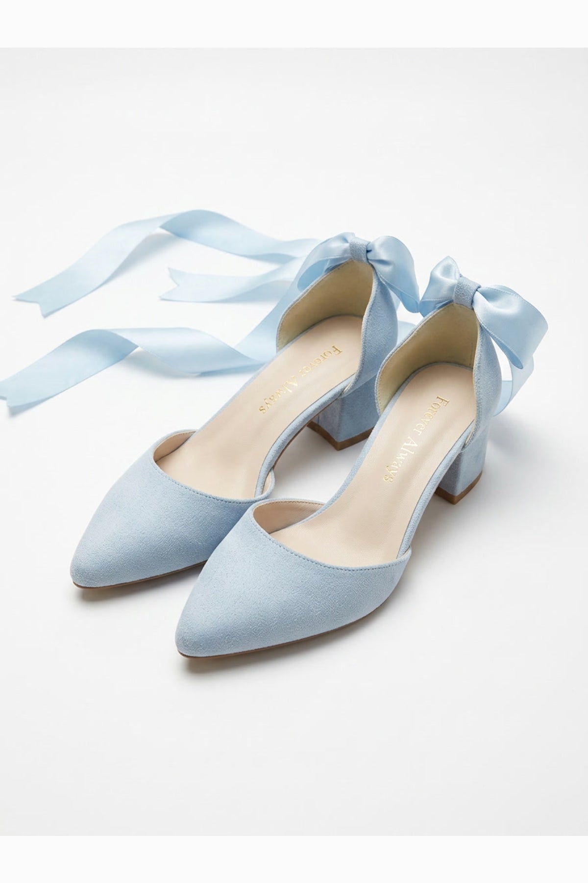 Fiona - Baby Blue Suede Heels With Satin Ribbon