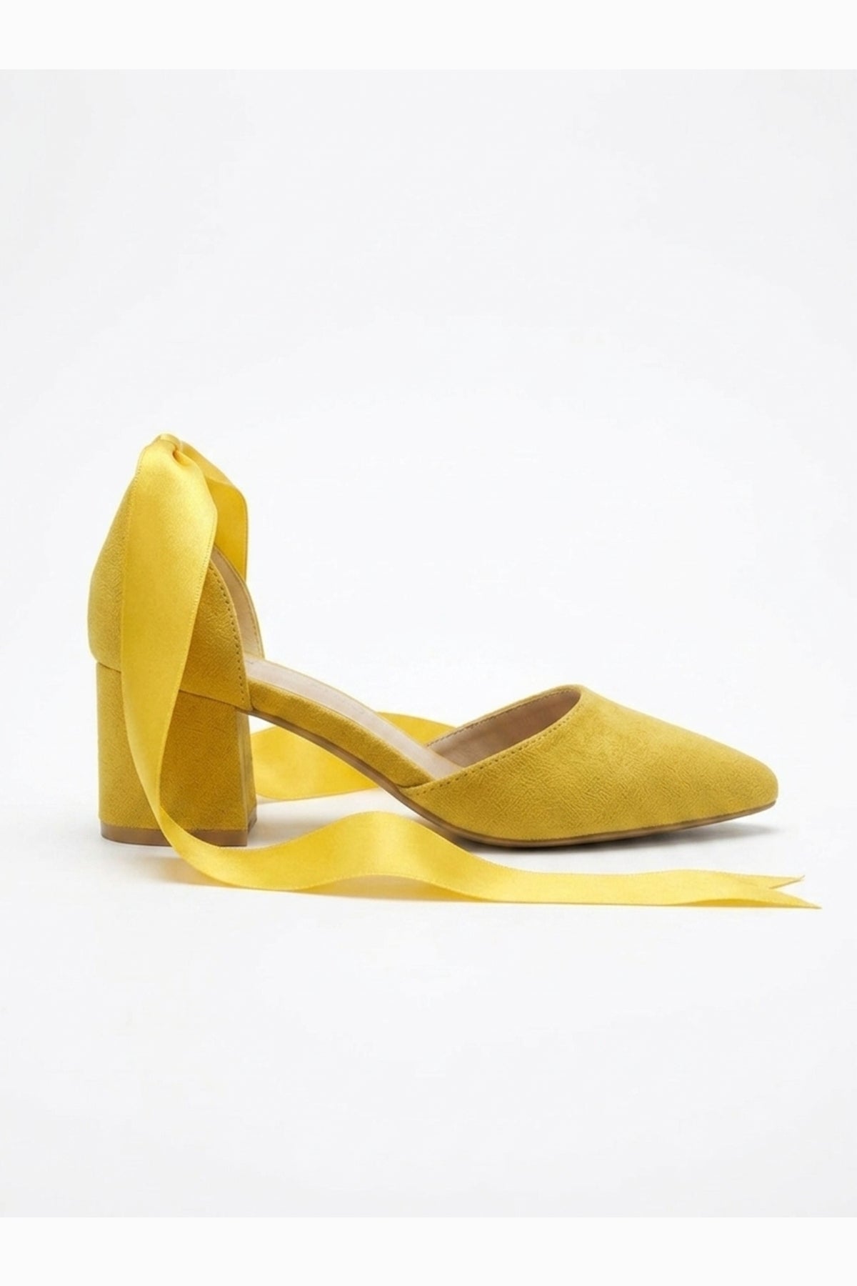 Fiona - Yellow Suede Heels With Satin Ribbon