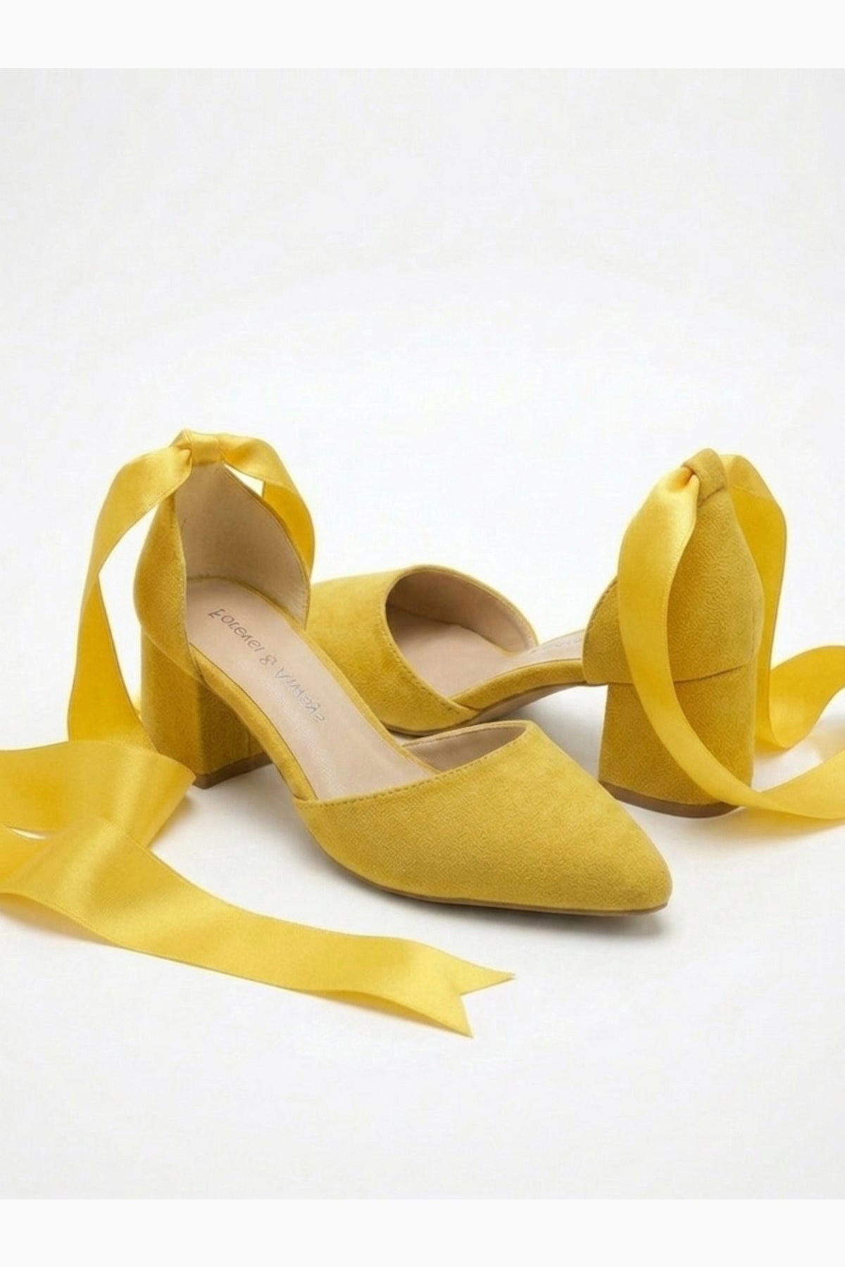 Fiona - Yellow Suede Heels With Satin Ribbon