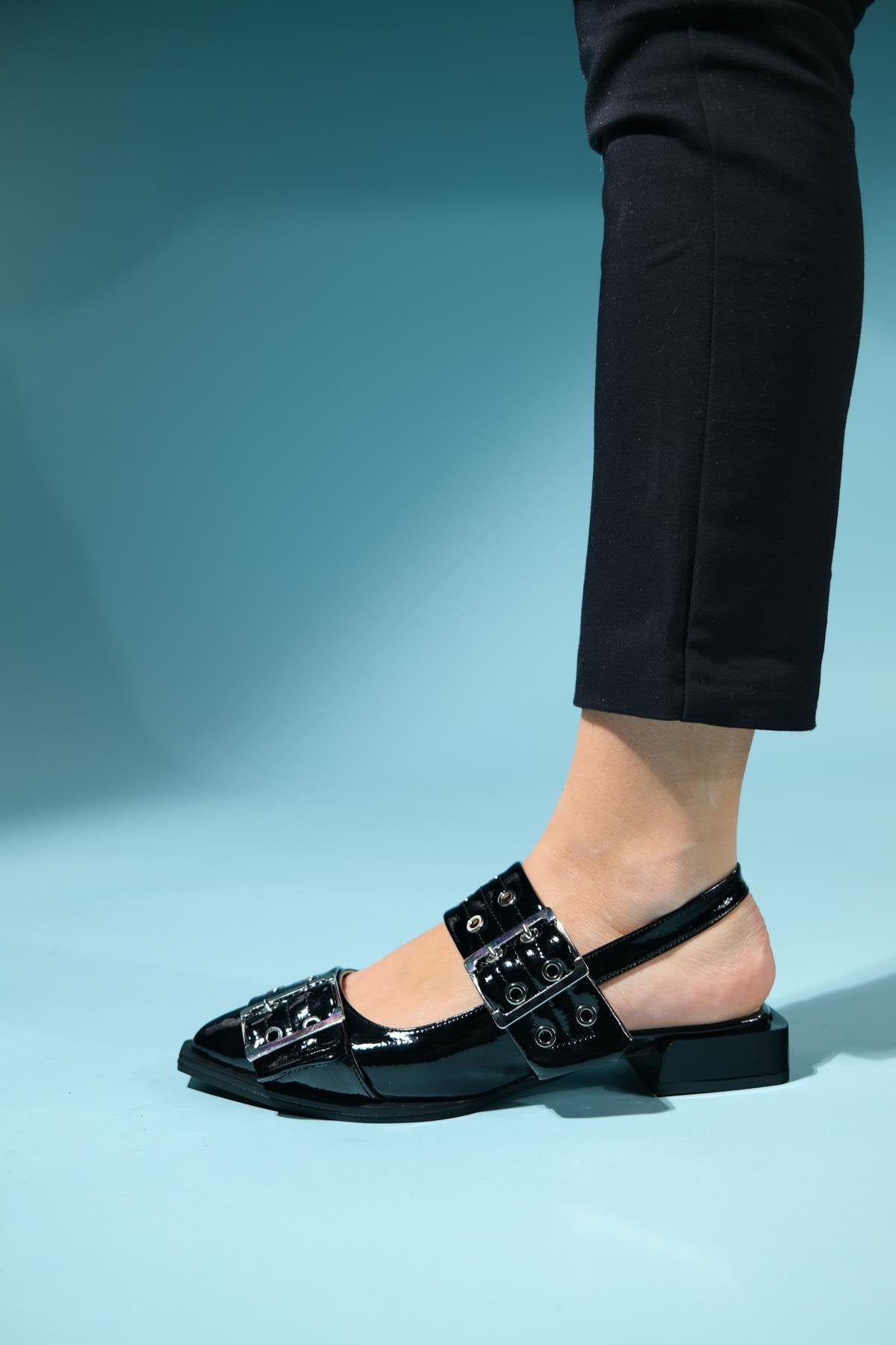 Paloma - Black Patent Silver Buckle Sandal (Women)