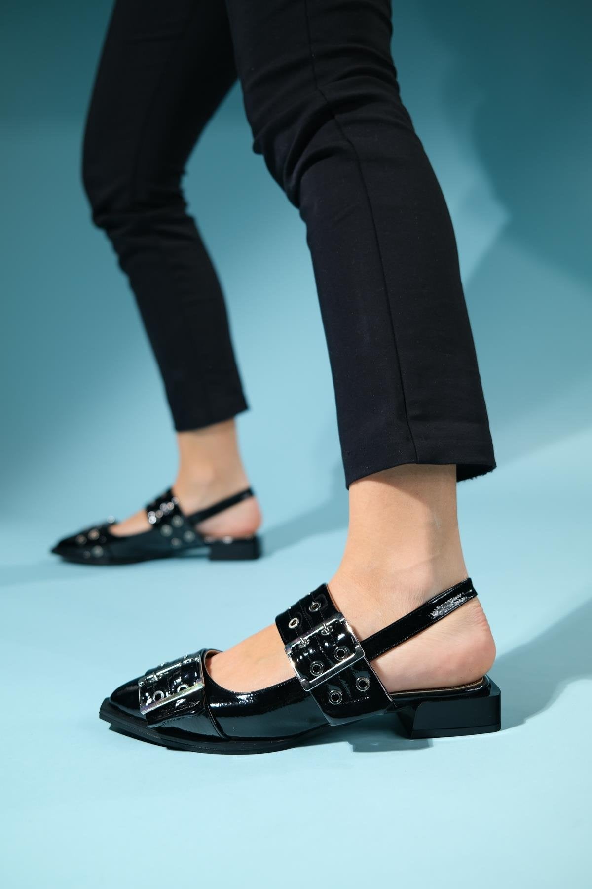 Paloma - Black Patent Silver Buckle Sandal (Women)
