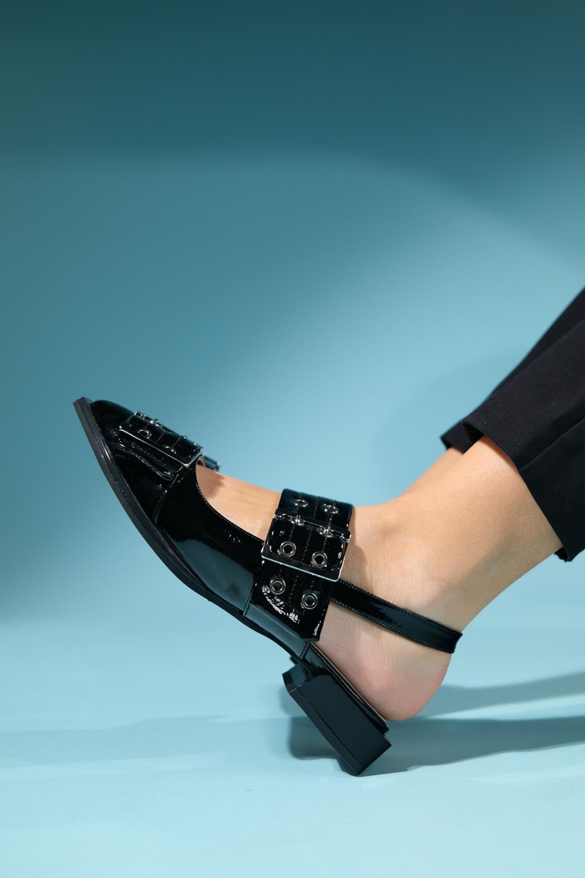 Paloma - Black Patent Silver Buckle Sandal (Women)