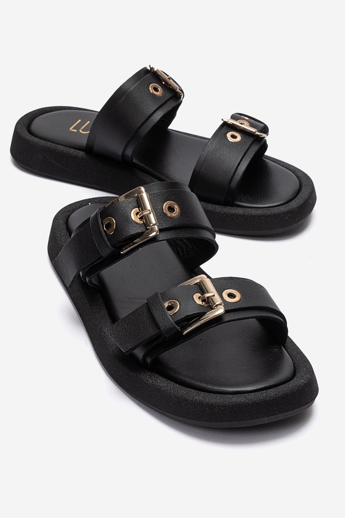 DOREL - Black Genuine Leather Buckle Slide (Women)