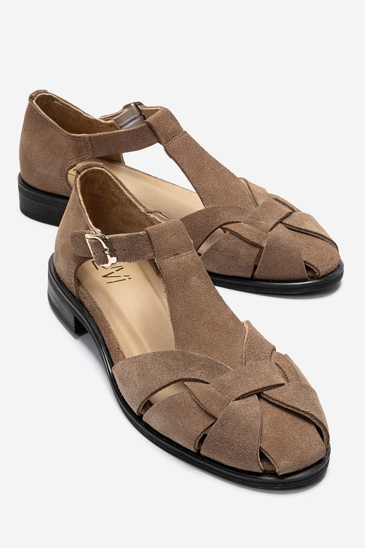 DEXARA - Taupe Genuine Suede Leather T-Strap Sandal (Women)