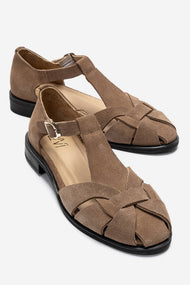 DEXARA - Taupe Genuine Suede Leather T-Strap Sandal (Women)