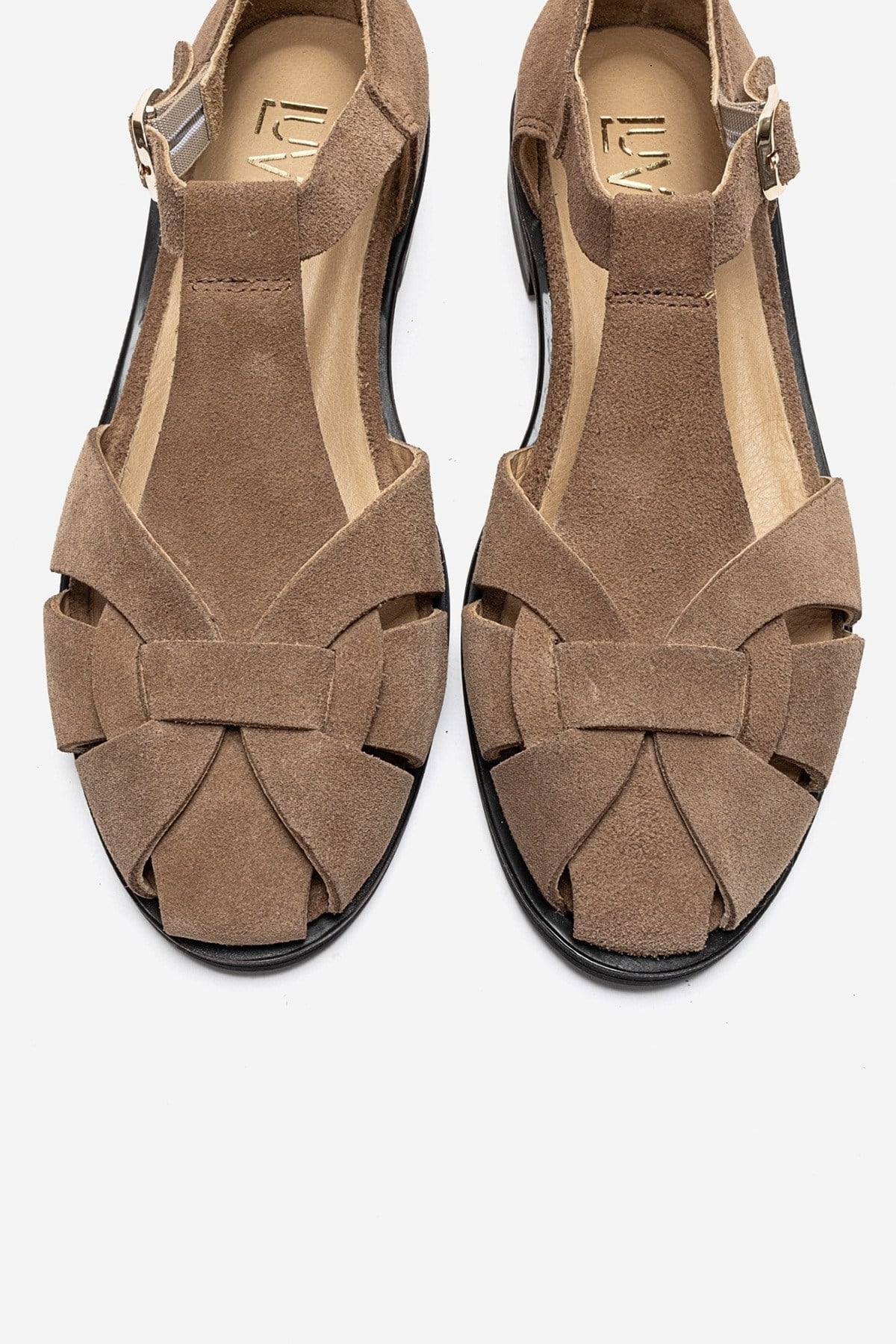 DEXARA - Taupe Genuine Suede Leather T-Strap Sandal (Women)
