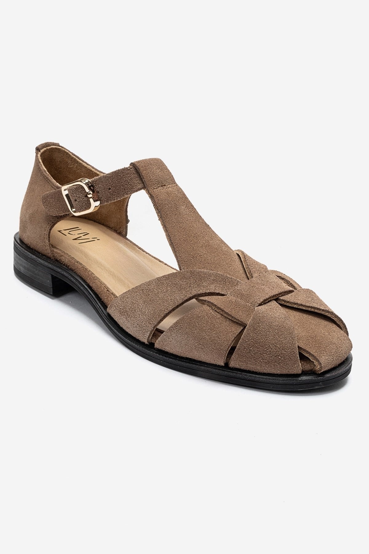 DEXARA - Taupe Genuine Suede Leather T-Strap Sandal (Women)