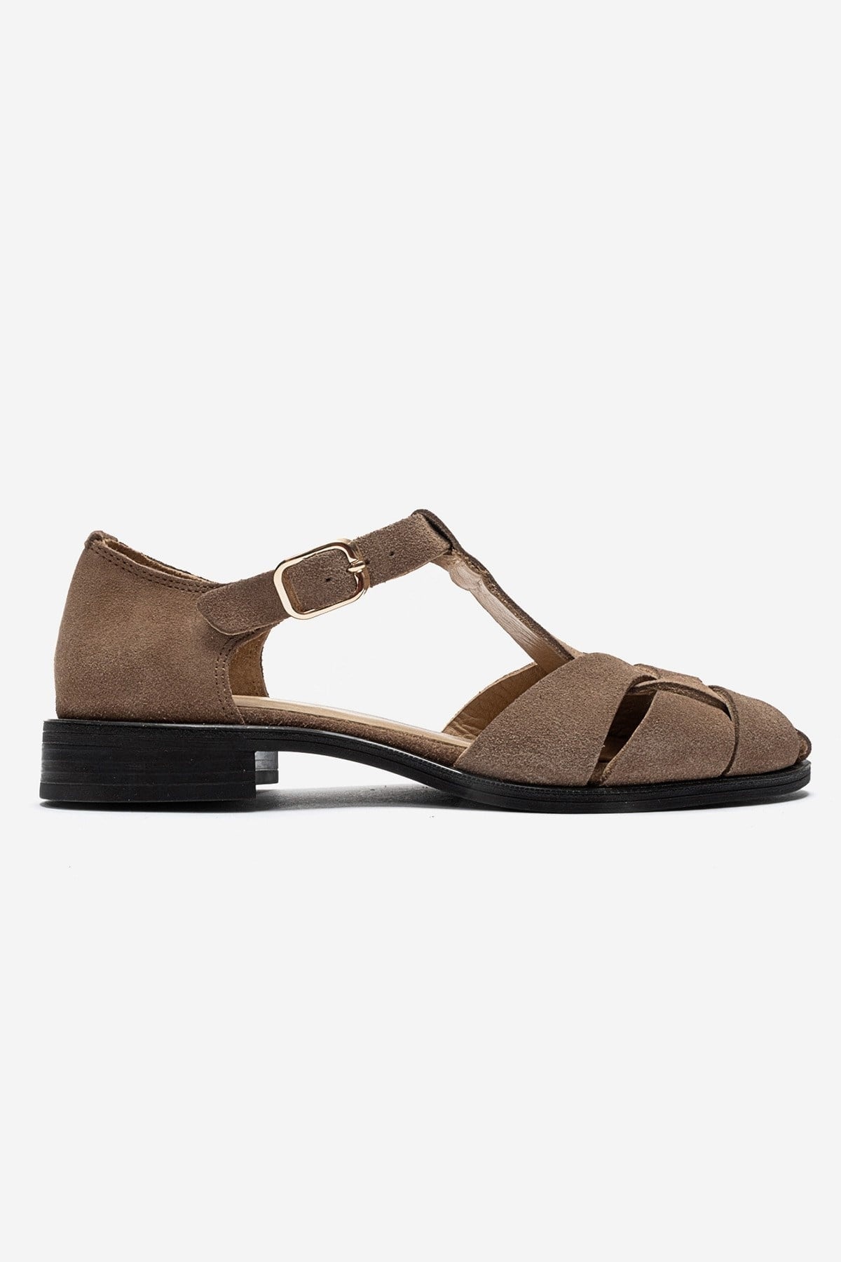 DEXARA - Taupe Genuine Suede Leather T-Strap Sandal (Women)