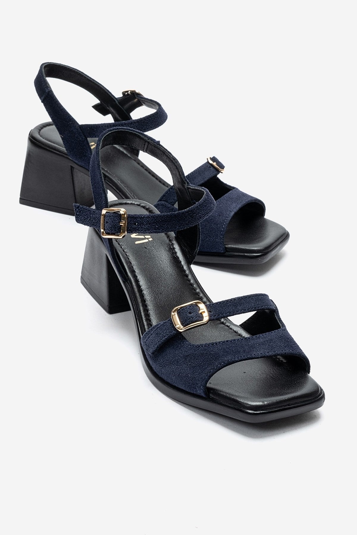 YOLEN - Navy Genuine Leather Block Heel Sandal (Women)