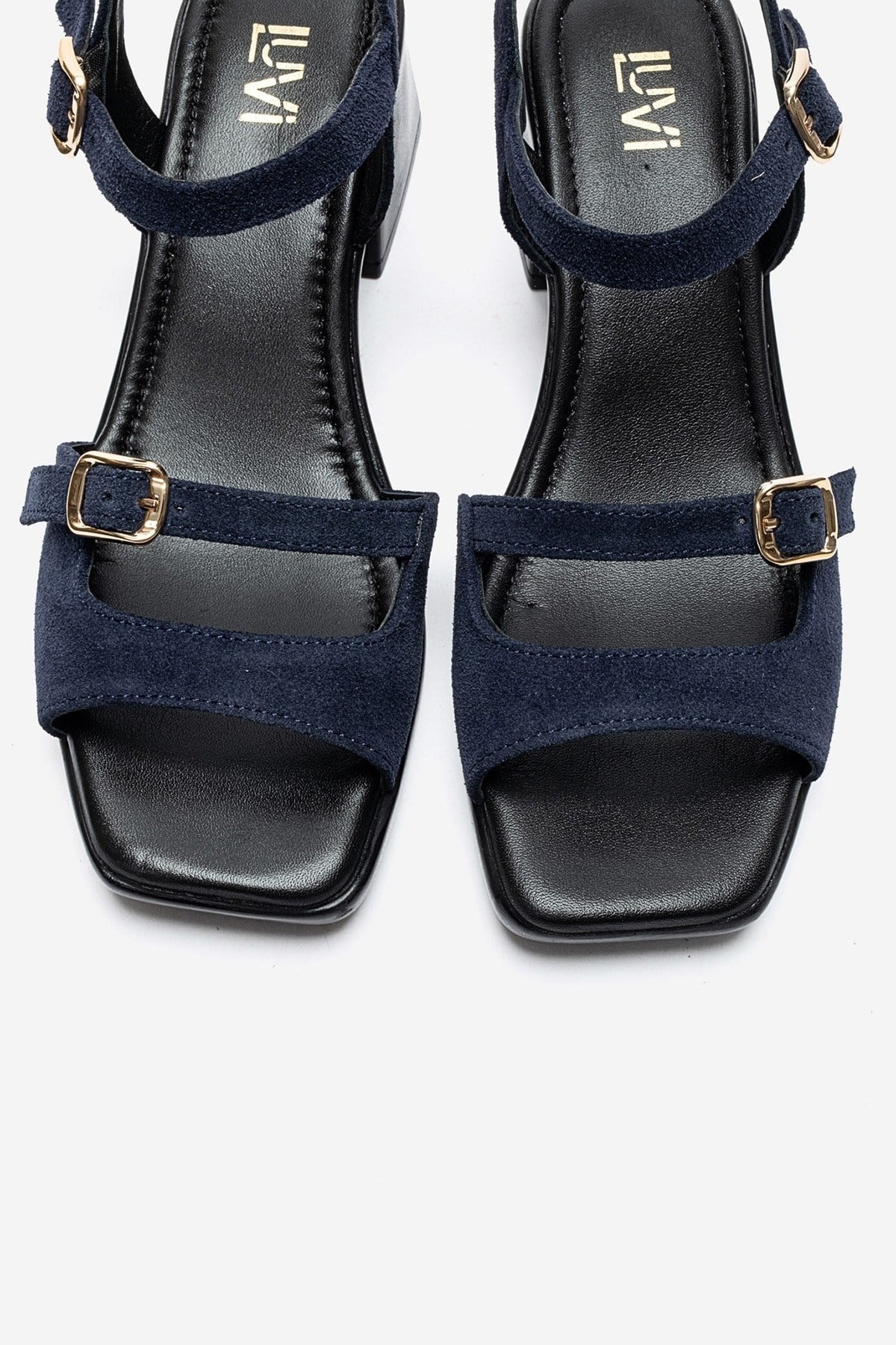 YOLEN - Navy Genuine Leather Block Heel Sandal (Women)