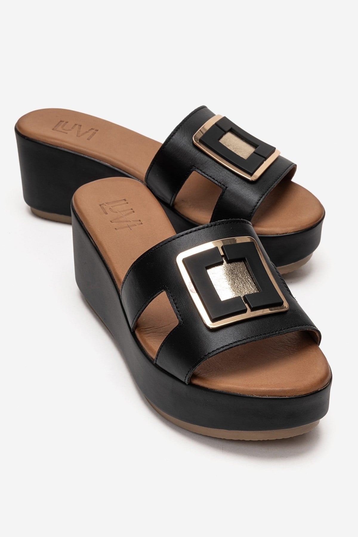 HIOLA - Black Genuine Leather Platform Wedge Slide (Women)