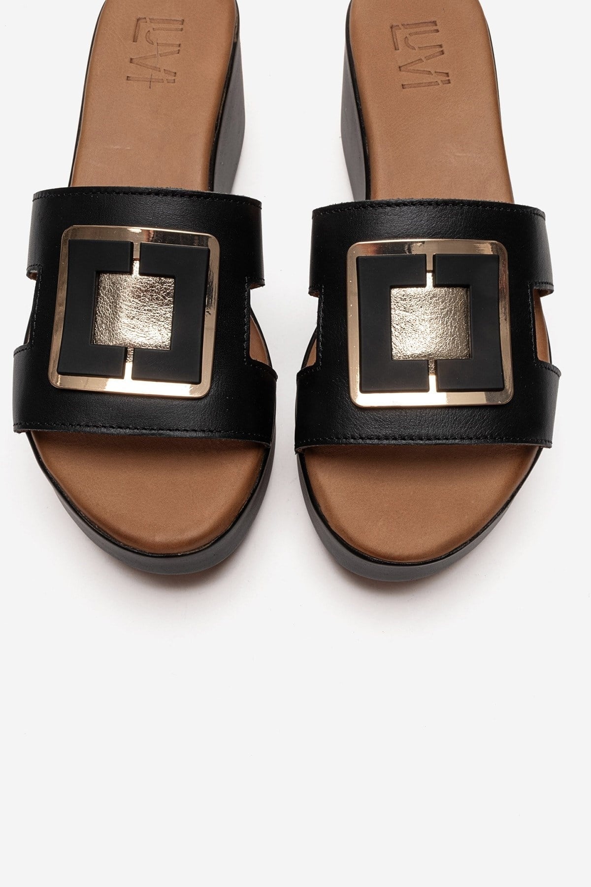 HIOLA - Black Genuine Leather Platform Wedge Slide (Women)
