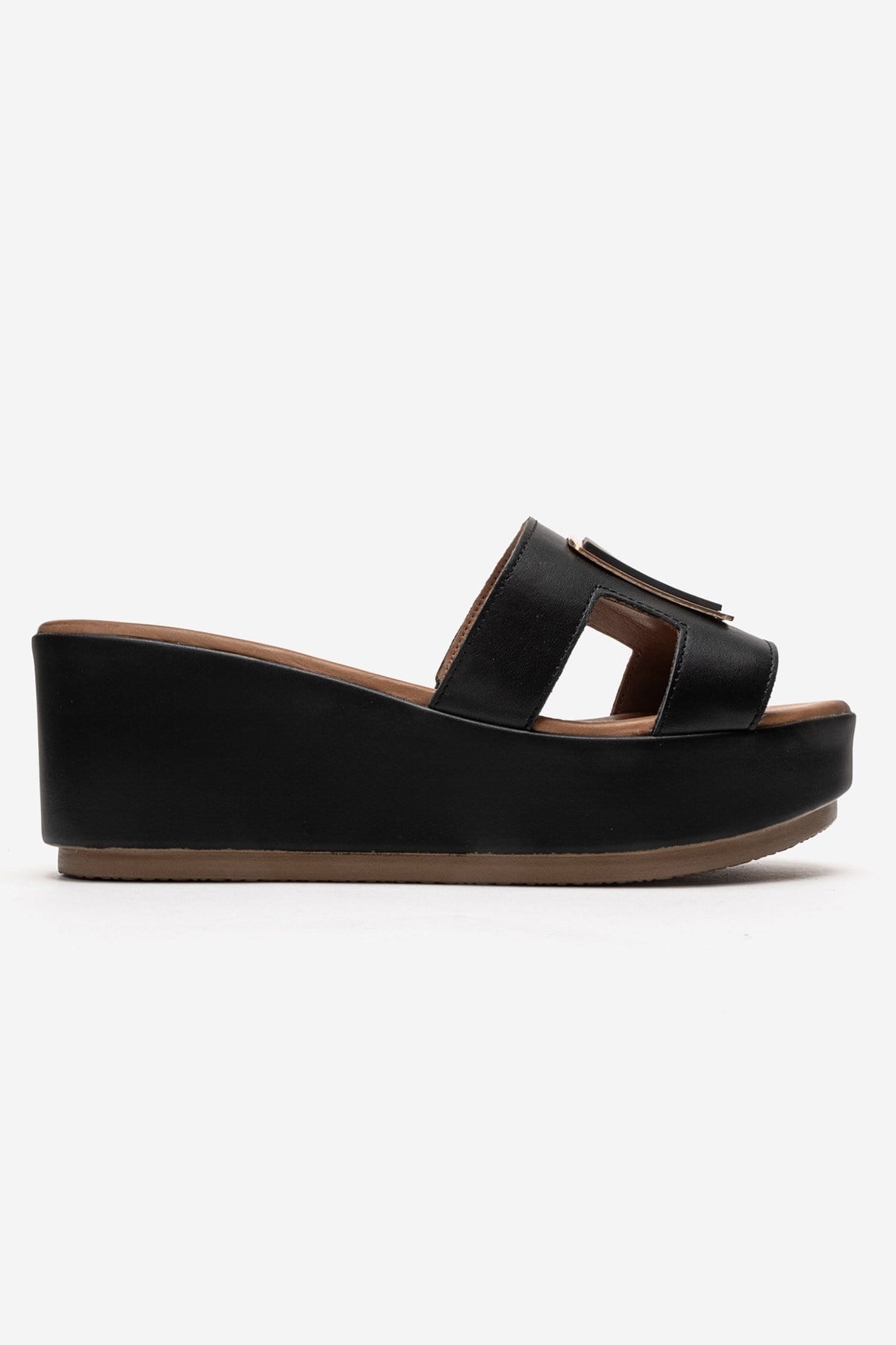 HIOLA - Black Genuine Leather Platform Wedge Slide (Women)