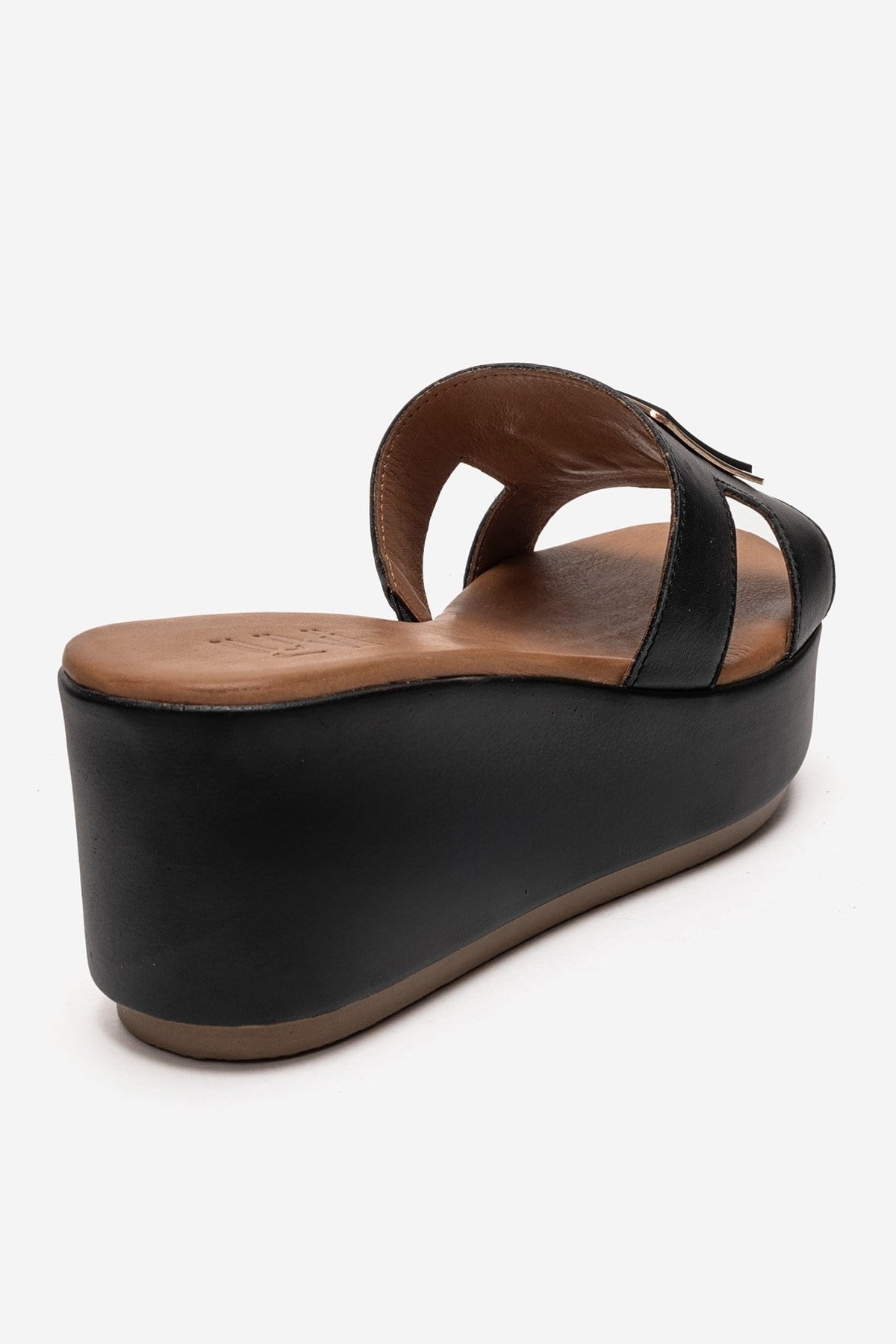 HIOLA - Black Genuine Leather Platform Wedge Slide (Women)