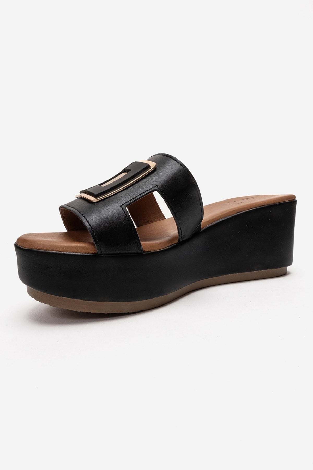 HIOLA - Black Genuine Leather Platform Wedge Slide (Women)