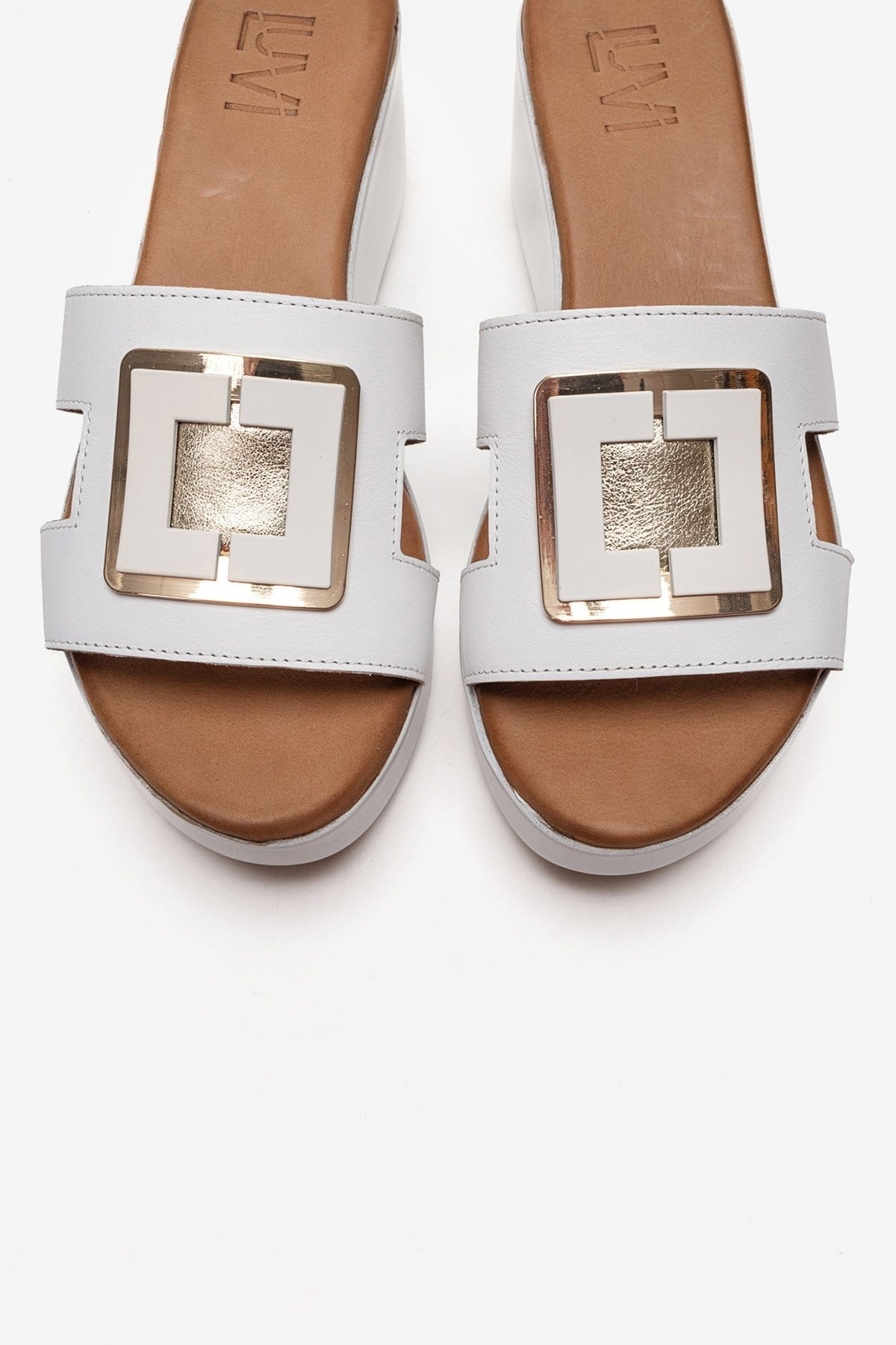 HIOLA - White Genuine Leather Platform Wedge Slide (Women)