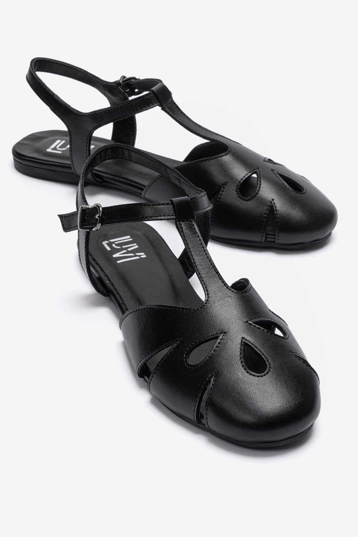 NATHALIE - Black Genuine Leather Ankle-Strap Flat Sandal (Women)