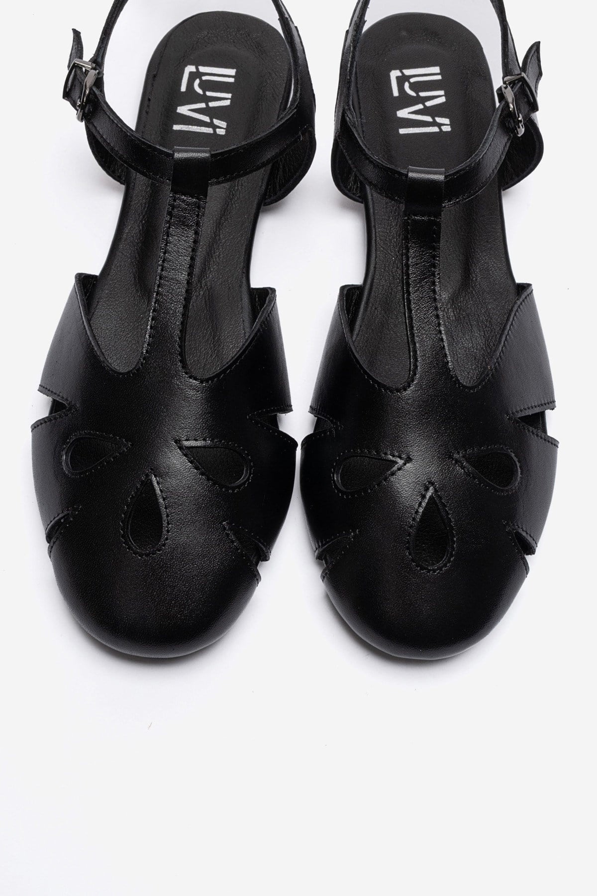 NATHALIE - Black Genuine Leather Ankle-Strap Flat Sandal (Women)